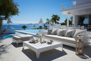 Luxury white villa with white furnishings, with outdoor swimming pool. travel concept. ia generative