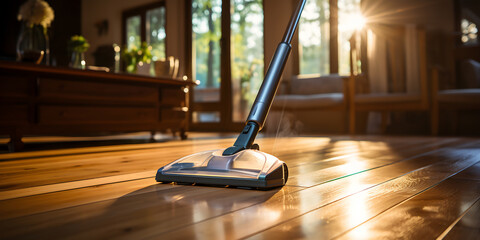 Modern vacuum cleaner on a wooden floor in the living room. House cleaning concept. ia generative