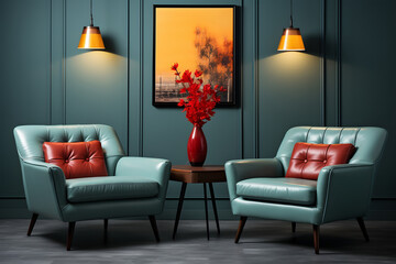 Classic armchairs with cushions in classic interior with blue walls and wooden floor. 3d rendering. ai generated