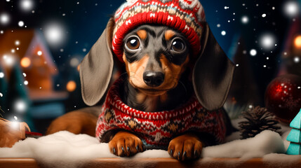 Dachshund dog in ugly Christmas sweater on dark background. - obrazy, fototapety, plakaty
