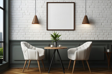 Modern dining room interior with white brick walls, with table and chairs. 3D rendering. ai generated