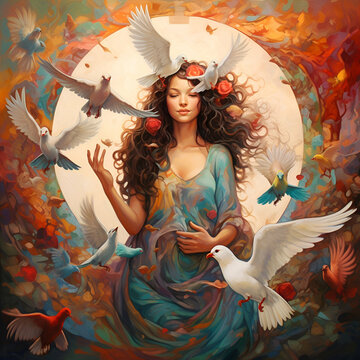 A Girl in Peace Surrounded by White Pigeons