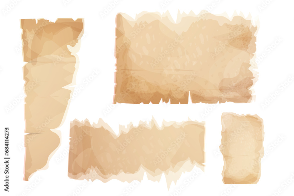 Canvas Prints set parchment paper, torn pieces, old sheets in cartoon style, textured empty notes isolated on whit