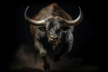 Foto op Canvas A black bull on an isolated black background. Banner, Advertising, Design. © Irina