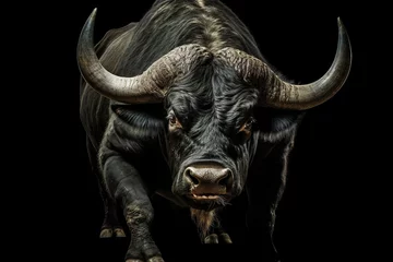Foto op Plexiglas A black bull on an isolated black background. Banner, Advertising, Design. © Irina