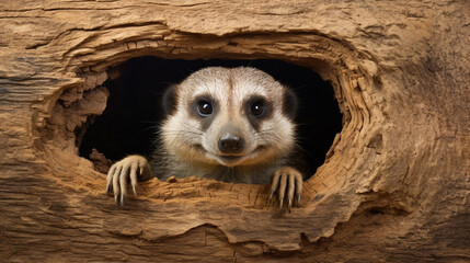 Meerkat coming out of his hole in old wood. Meerkat coming out of his hole in old wood generative ai