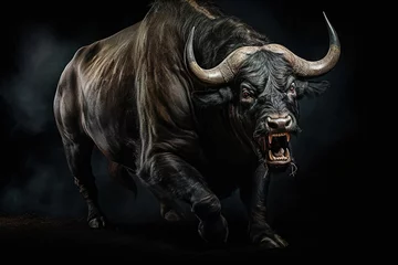 Fotobehang A black bull on an isolated black background. Banner, Advertising, Design. © Irina