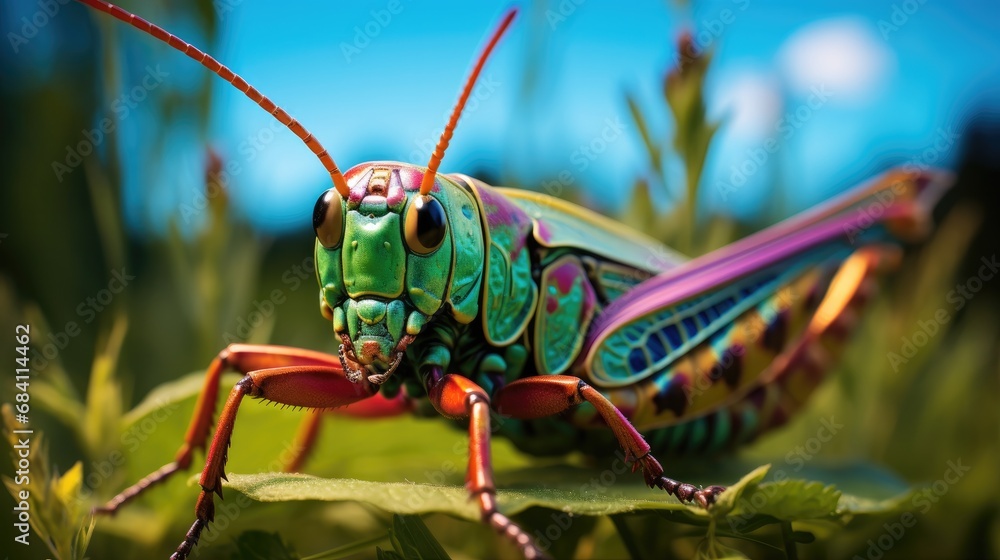 Poster a close up of a grasshopper on a leaf. generative ai.