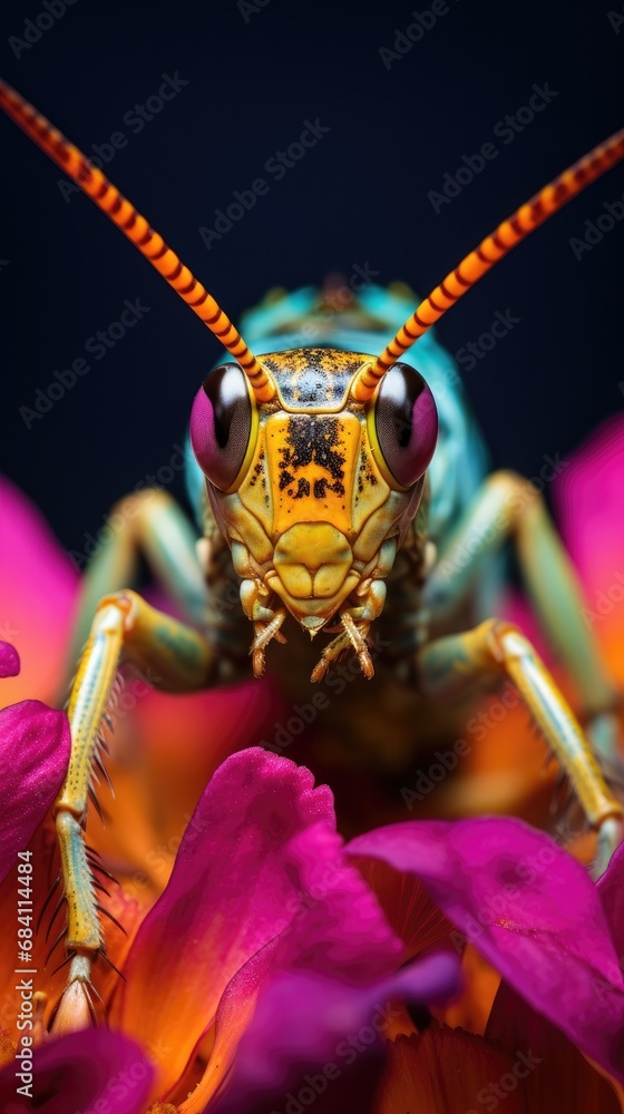 Poster a close up of a grasshopper on a flower. generative ai.
