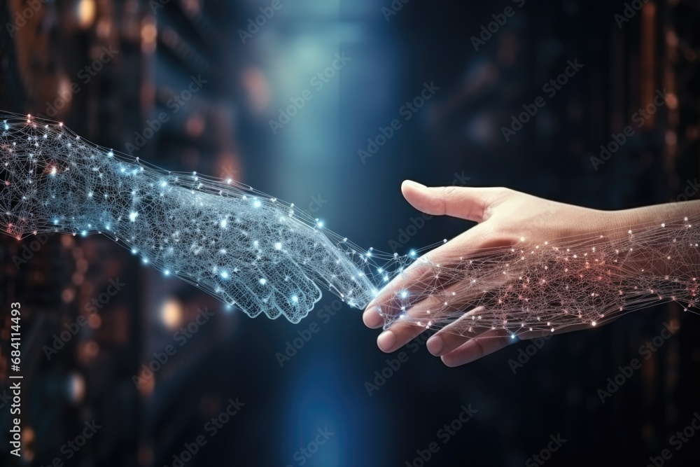 Aufkleber hands of human and artificial intelligence technology touching for big data network exchange.
