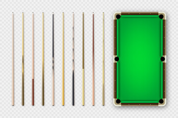 Fototapeta Various wooden billiard cues and green pool table. Snooker sports equipment. Vintage cue. Recreation and hobby, competitive game. Vector illustration obraz