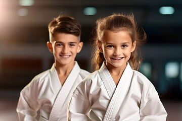 Martial Arts children in kimono - obrazy, fototapety, plakaty