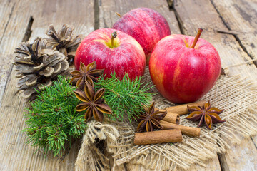 Fototapeta na wymiar fresh apples, cinnamon sticks and star anise spices