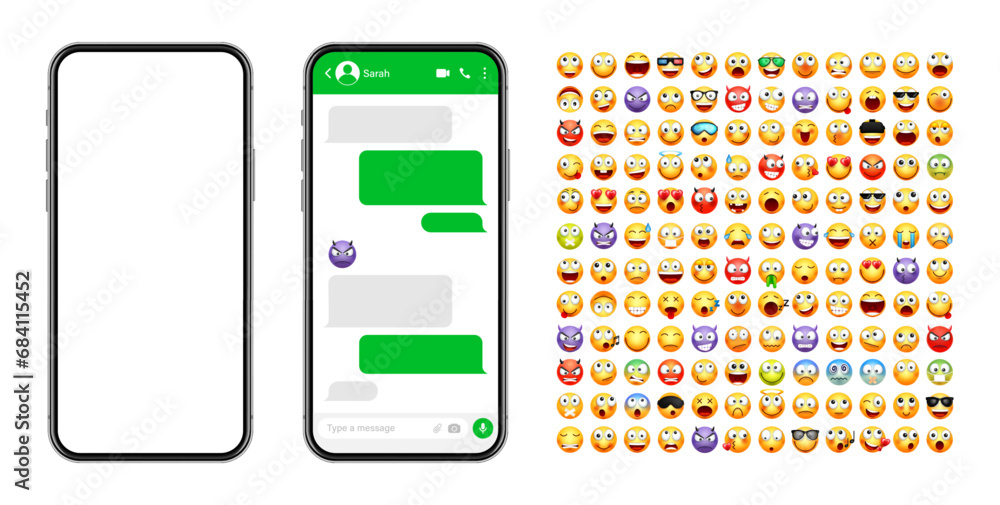 Fototapete smartphone messaging app, user interface design with emoji. sms text frame. chat screen with green m