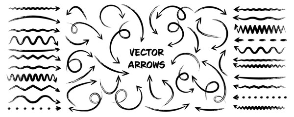 Grunge hand drawn arrows, highlighter lines. Marker stroke, brush pen drawn underline. Handwritten text pointers, notes, marks. Vector illustration