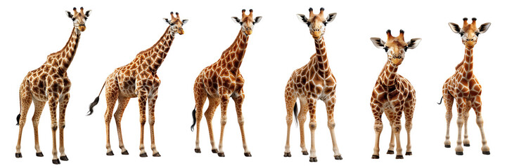 Collection of giraffes keep head down isolated on a white background