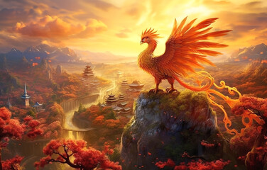 Phoenix stand on mountain rock viewing the ancient city. Generative Ai.