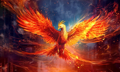 Fire burning phoenix flying in city. Fantasy abstract art painting texture. Generative ai.
