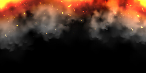 Fototapeta na wymiar Realistic smoke clouds and fire on black background. Flame blast, explosion. Stream of smoke from burning objects. Forest fires. Transparent fog effect. White steam, mist. Vector design element.