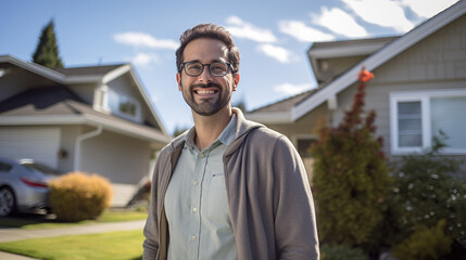 Smiling bearded man wearing glasses and a casual shirt with a vest, standing in front of a suburban house with a green lawn and a car in the driveway on a sunny day. - obrazy, fototapety, plakaty