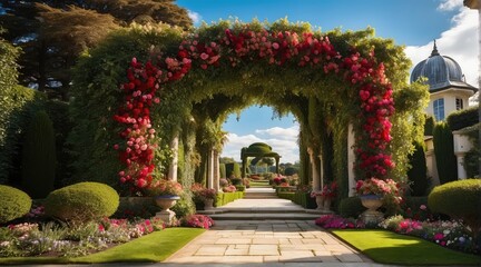 Wedding backdrop, eXtravagant floral arch gate backdrop in English Garden, front view, traditional English house in the background, wide angle, photography backdrop,  maternity backdrop, path, doorway