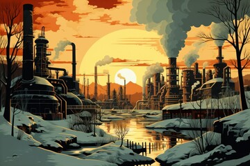 Winter Industrial Scenes - Generative AI - obrazy, fototapety, plakaty