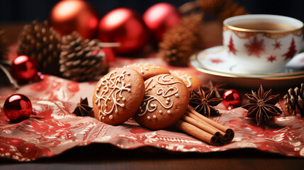 Mantel rojo navideño, con desayuno decorado con bolas de navidad, galletas, canela en rama y taza