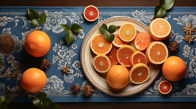Mantel azul decoración, con naranjas partidas por la mitrad en la mesa en un plato,