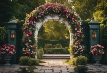 Wedding backdrop, eXtravagant floral arch gate backdrop in English Garden, front view, traditional English house in the background, wide angle, photography backdrop,  maternity backdrop, path, doorway