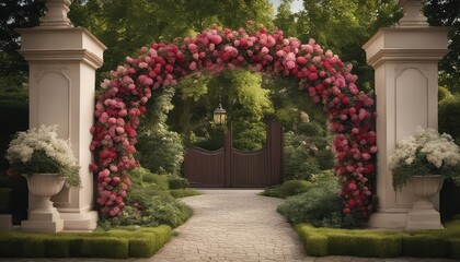 Wedding backdrop, eXtravagant floral arch gate backdrop in English Garden, front view, traditional English house in the background, wide angle, photography backdrop,  maternity backdrop, path, doorway