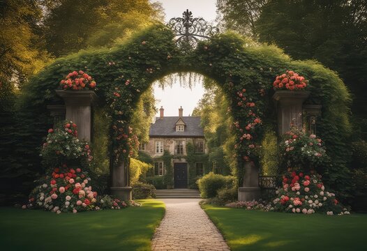 Wedding backdrop, eXtravagant floral arch gate backdrop in English Garden, front view, traditional English house in the background, wide angle, photography backdrop,  maternity backdrop, path, doorway