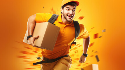 Cheerful courier in a yellow uniform and cap is energetically running to deliver a package, against an orange background