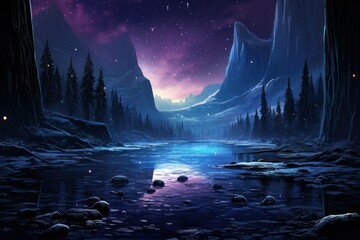 Frozen Waterfalls at Night - Generative AI - obrazy, fototapety, plakaty