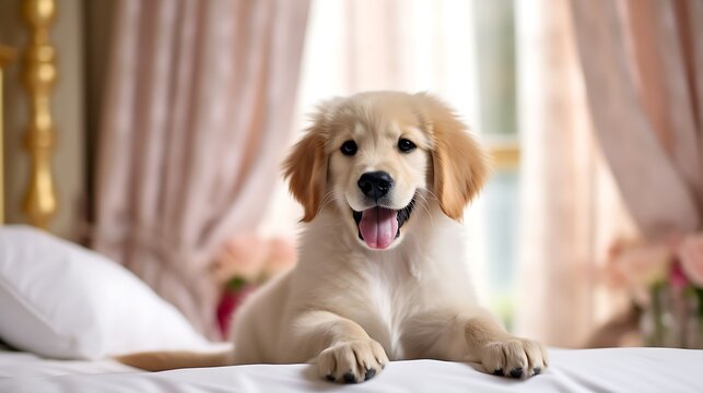 Pets friendly hotel or home room. Golden retriever puppy dog in luxurious hotel resting in bed. Traveling with pets. Emotional support concept.