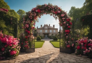Fototapeta na wymiar Wedding backdrop, eXtravagant floral arch gate backdrop in English Garden, front view, traditional English house in the background, wide angle, photography backdrop, maternity backdrop, path, doorway