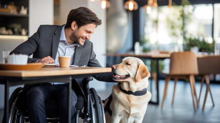 Moment of companionship between a smiling man in a wheelchair at a cafe table with a laptop and a...
