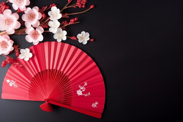Floral & paper fan Chinese new year decoration. Concept of Happy Chinese New Year festival background. 3D rendering