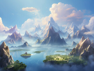 Naklejka na ściany i meble mystical mountains, fantasy landscape, generative ai