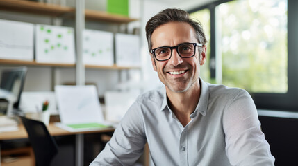 Obraz premium Smiling man wearing glasses, sitting in an office with charts and graphs in the background.