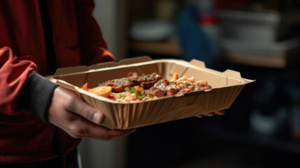 A person holding a takeaway box filled with food, likely being delivered or taken to-go on an urban street.