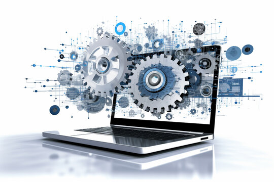 Software, web development, programming concept. Abstract Programming language and program code on screen laptop. Laptop and icons company network . Technology process of Software development