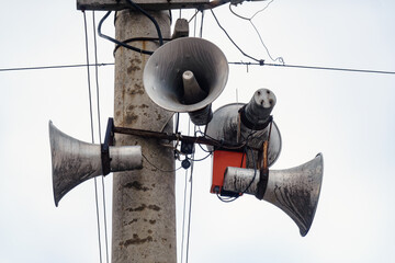 Loudspeakers on pole, broadcasting sound equipment
