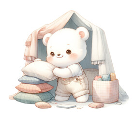 Baby Cute White bear with pillows on white background.