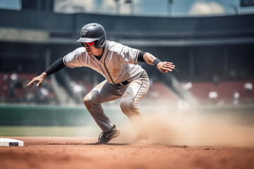 Baseball player ready to run to another base. intanse game mood. - obrazy, fototapety, plakaty