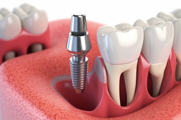 Dental implantation, teeth with implant screw, 3d illustration, Generative AI 