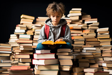 Cute little children reading books while sitting on a stack of books