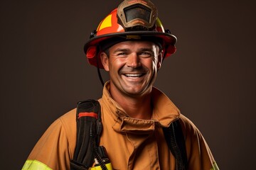 An exuberant firefighter in full gear, helmet in hand, smiling proudly, isolated on a solid background.