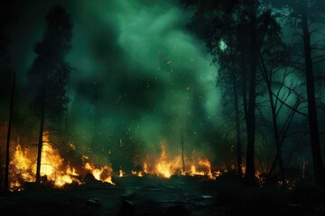 wildfire in forest with a lot of smoke. flames of forest fire