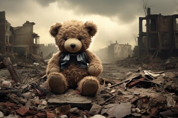 toy bear sits on the ground on the ruined city background - obrazy, fototapety, plakaty