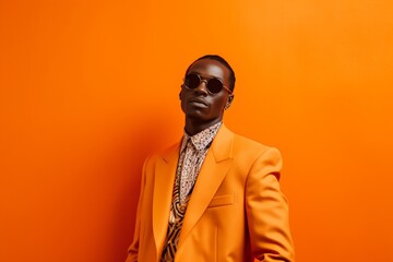 An individual with an aura of confidence, wearing descent clothes that perfectly complement their personality, against a vibrant orange background, symbolizing energy and enthusiasm.
